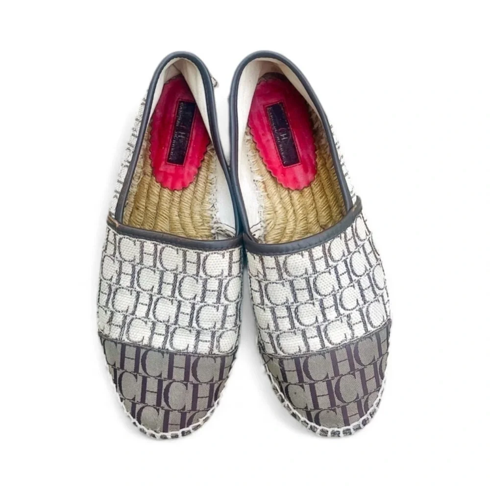 Carolina Herrera Gray and Cream CH Logo Espadrilles 39/8